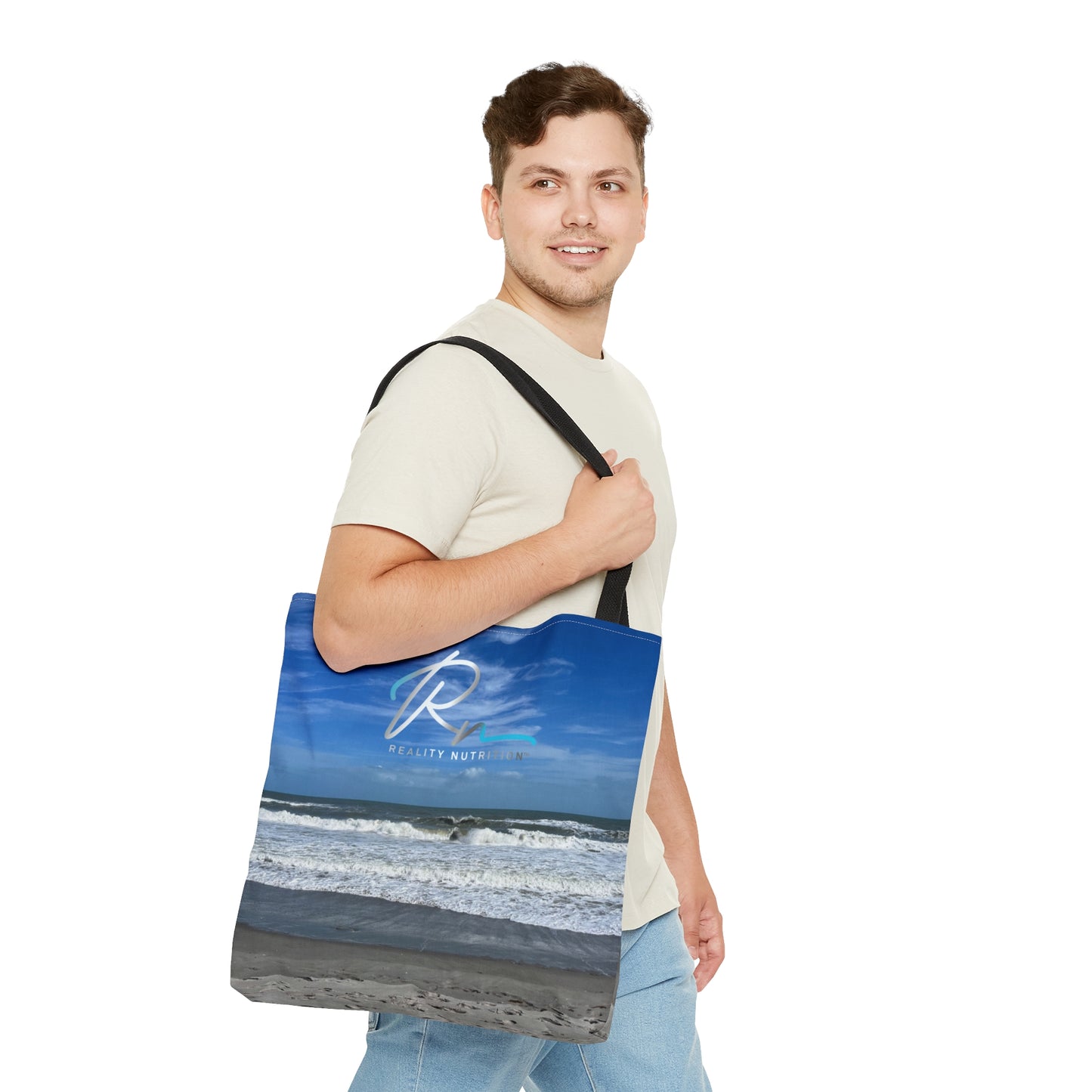 Tote Bag with Florida Beach Scene & Reality Nutrition Logo