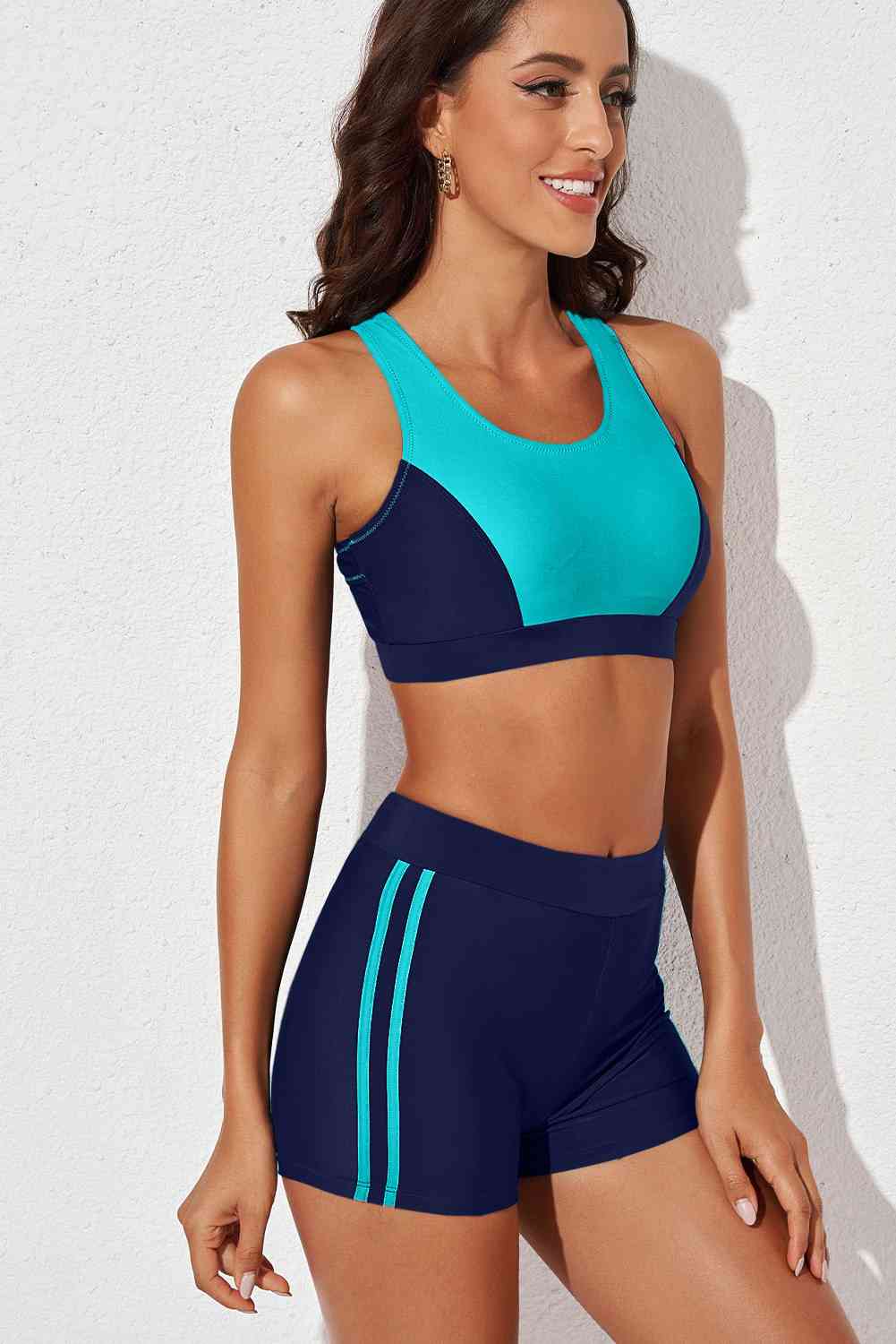 Printed Scoop Neck Back Crisscross Swim Set or Workout Set