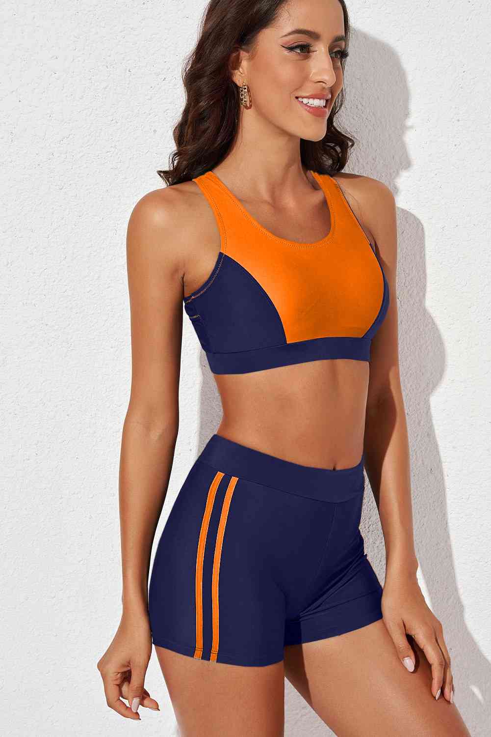 Printed Scoop Neck Back Crisscross Swim Set or Workout Set