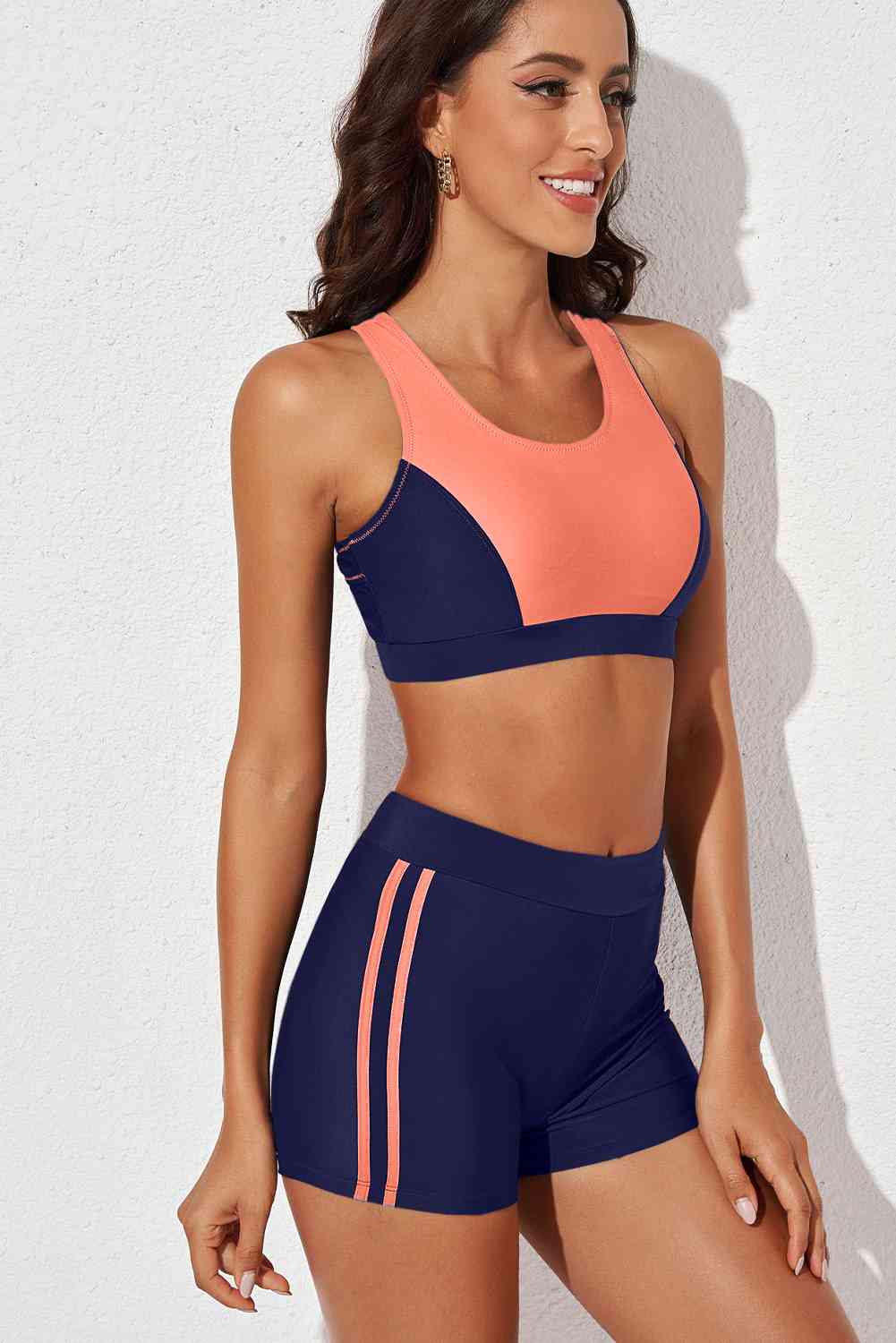 Printed Scoop Neck Back Crisscross Swim Set or Workout Set